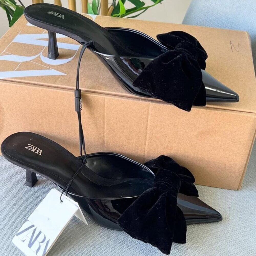 Zara Black Patent Bow Mule Heels NWT Pointed Toe Kitten Heel Slip On Size 6.5 - Picture 14 of 16